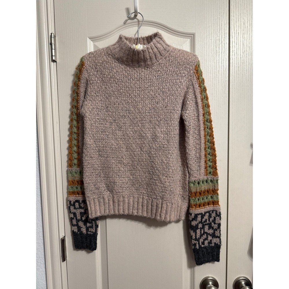 Mystree Mock Neck Crochet Leopard Sleeve Knit Sweater Boho Whimsy Cottagecore - Picture 2 of 6
